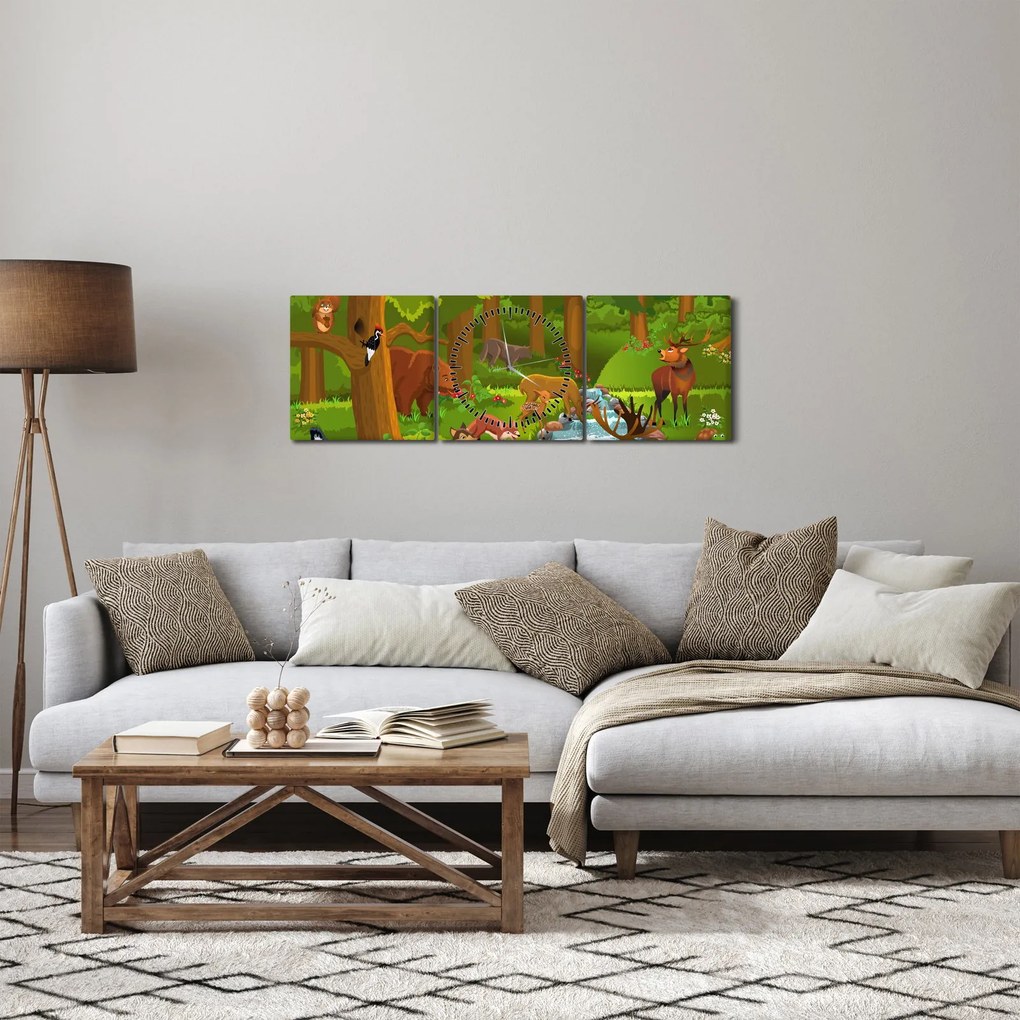 Detský obraz so zvieratkami (s hodinami) (90x30 cm)
