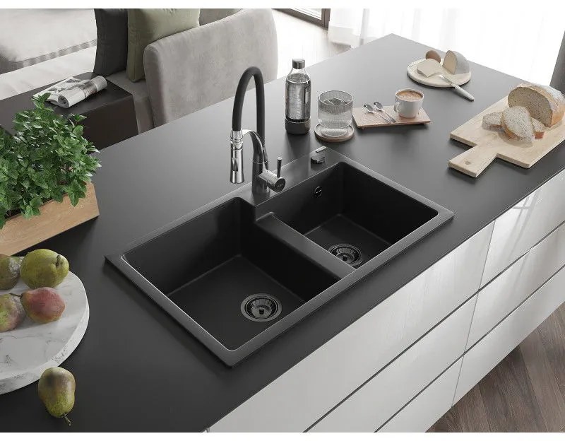 Mexen Tomas, 2-komorový granitový drez 800x500x190 mm a drezová batéria Aster, čierna, 6516-77-73450-07-B