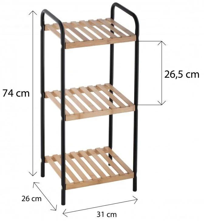 Erga Oscar, kovový kúpeľňový trojpolicový regál na postavenie 31x26x74 cm, čierna-prírodná hnedá, ERG-YKA-P.OSCAR