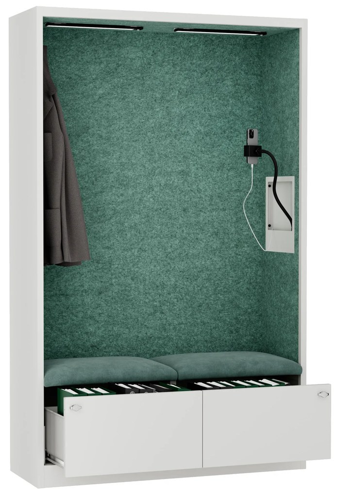 Kancelárska akustická kabína so sedadlom a portom USB-C, telo v biely farbe / sedadlo v zelenej farbe, 1150 mm: SALLY MentalBox