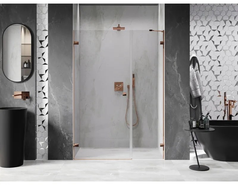 Mexen Lunar-B, ľavé otočné sprchové dvere 150 cm, 8mm číre sklo, ružové zlato profil, 832S-150-050-60-00-L