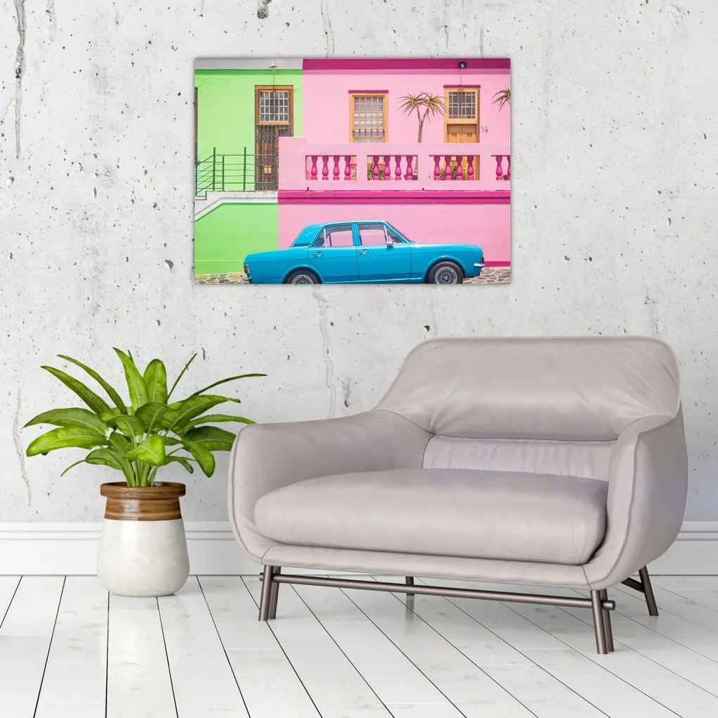 Sklenený obraz autá - farebné domy (70x50 cm)