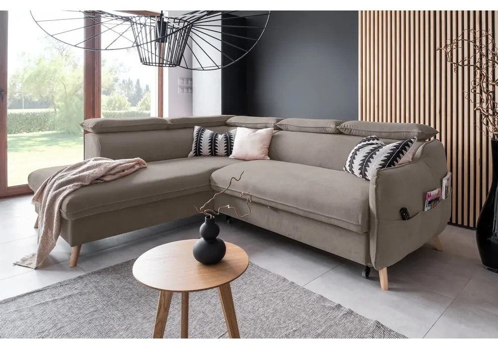 Svetlohnedá zamatová rozkladacia rohová pohovka (ľavý roh) Sweet Harmony – Miuform