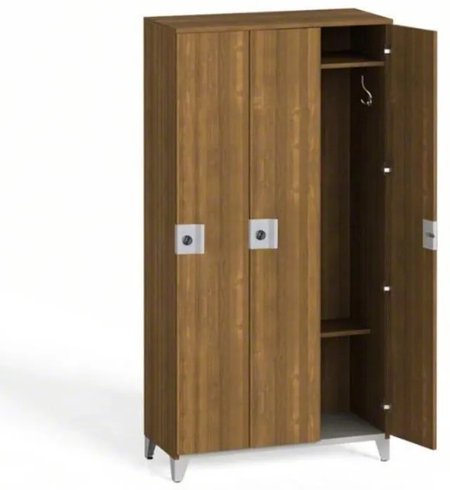 Drevená šatníková skrinka na nohách, 3 dvere, 1750 x 900 x 400 mm, demont, otočný zámok, orech