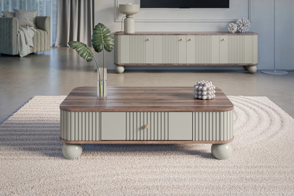 Kávový stolík Vesper 103x60 cm so zásuvkou - kasmír / orech / zlaté úchyty / guľové nohy