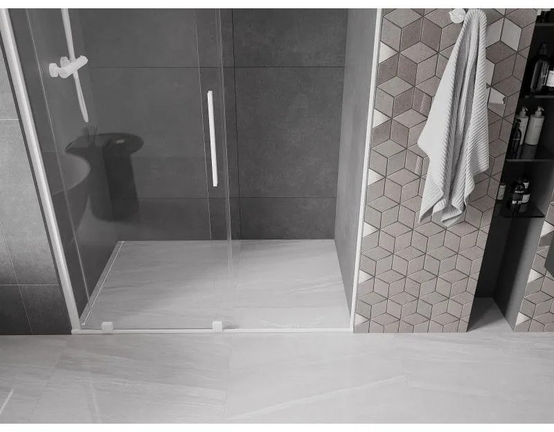 Mexen Velar, posuvné dvere do otvoru 130x200 cm, 8mm číre sklo, biely profil, 871-130-000-01-20