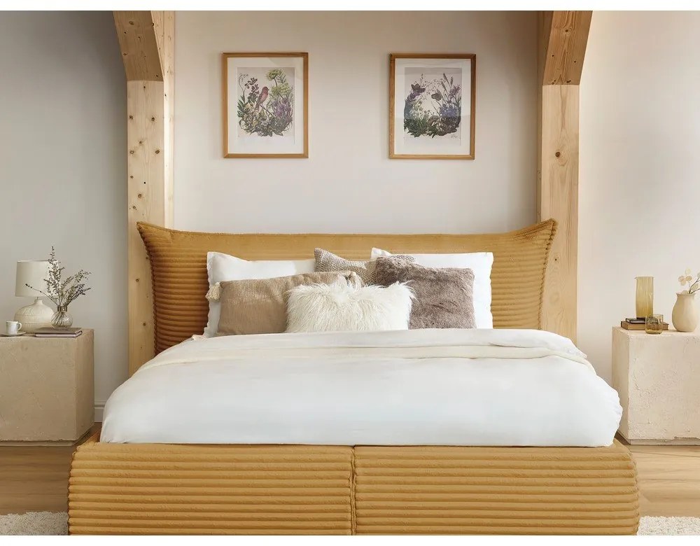 Žltá čalúnená dvojlôžková posteľ s úložným priestorom a roštom 180x200 cm Jade – Bobochic Paris