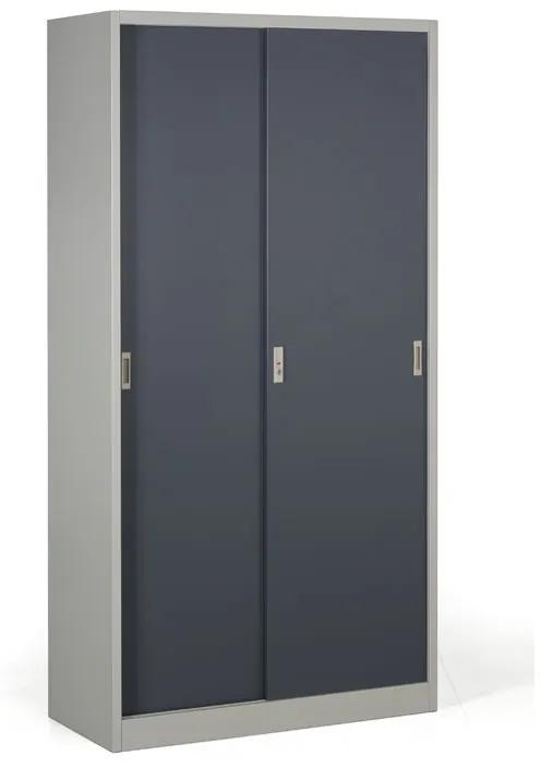 Kovová skriňa s posuvnými dverami, demontovaná, 4 police, 1000 x 1990 x 450 mm, tmavo sivá