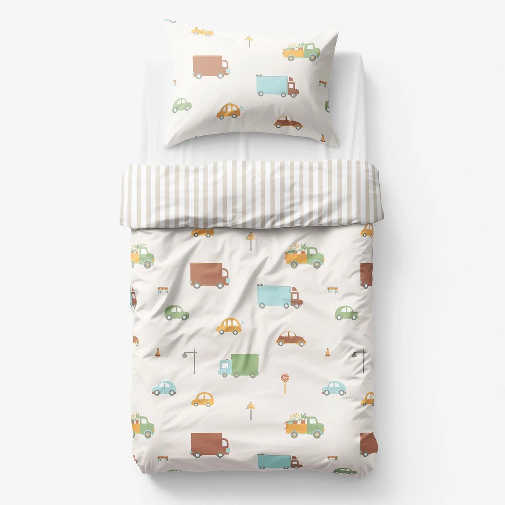 Goldea detské bavlnené obliečky - svet autíčok s latte prúžkami 150 x 200 a 50 x 60 cm