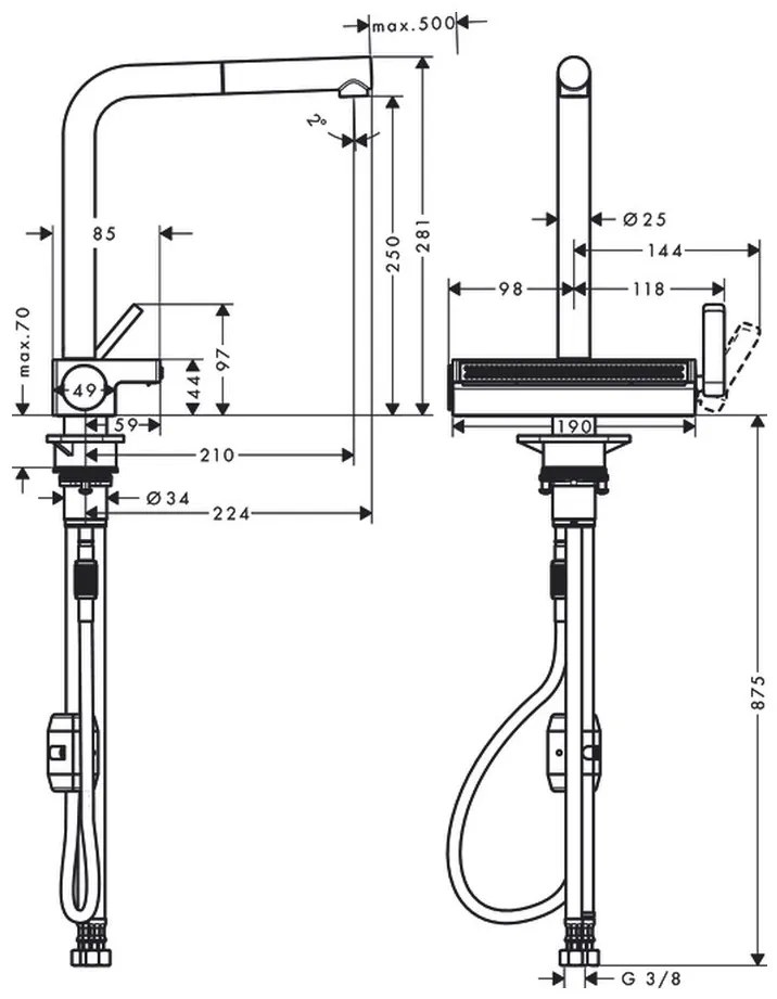 Hansgrohe Aquno Select M81, páková kuchynská batéria 250, vyťahovateľný výtok, 2jet, vzhľad nerezu, HAN-73836800