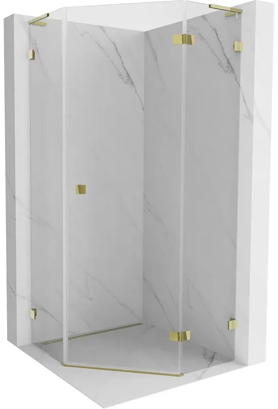 Mexen Lunar, L pravý výklopný päťuholníkový sprchový kút 100 x 100 cm, 8mm číre sklo, zlatý profil, 831L-100P-100L-50-00-P