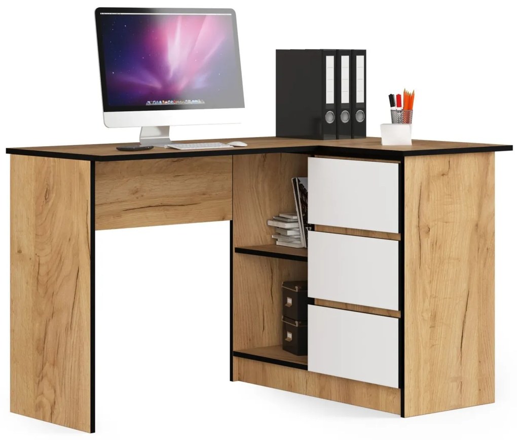 Rohový písací stôl B16 124 cm dub craft zlatý/biely pravý