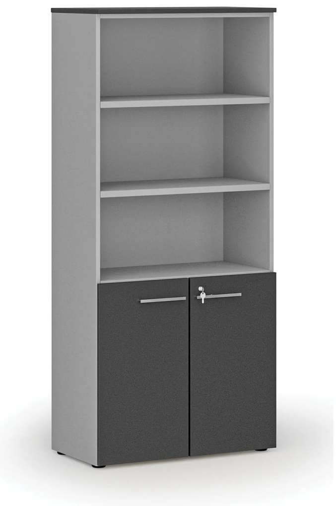 Kombinovaná kancelárska skriňa PRIMO GRAY, dvere na 2 poschodia, 800 x 420 x 1781 mm, sivá/grafit