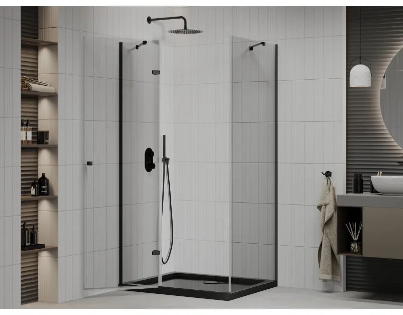 Mexen Roma, sprchovací kút s 1-krídlovými dverami 120 (dvere) x 80 (stena) cm, 6mm číre sklo, čierny profil, slim sprchová vanička 5cm čierna s čiernym sifónom, 854-120-080-70-00-4070B