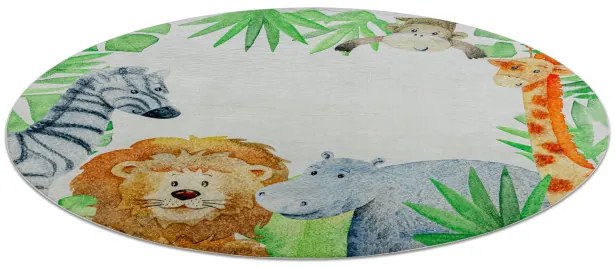 Detský koberec protišmykový BAMBINO 54090 Zvieratá, biely / zelený kruh