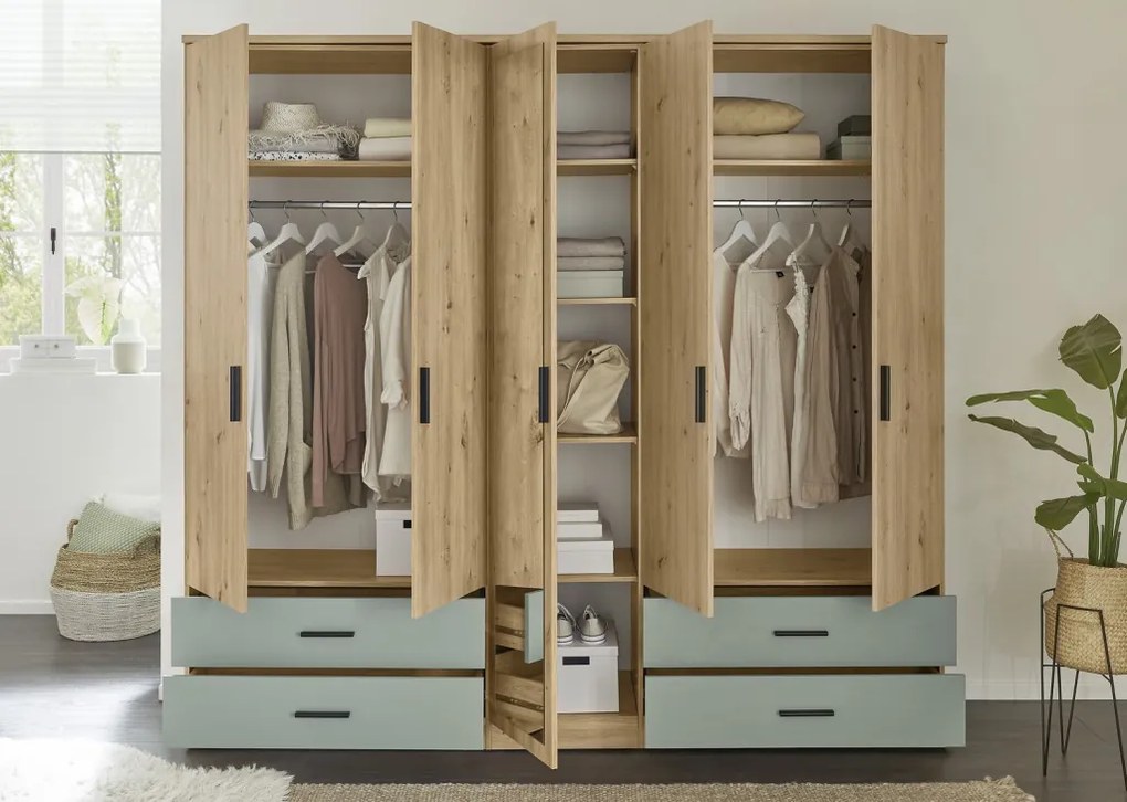 Šatníková skriňa so zrkadlom Savina 225 cm, dub artisan/šalviová