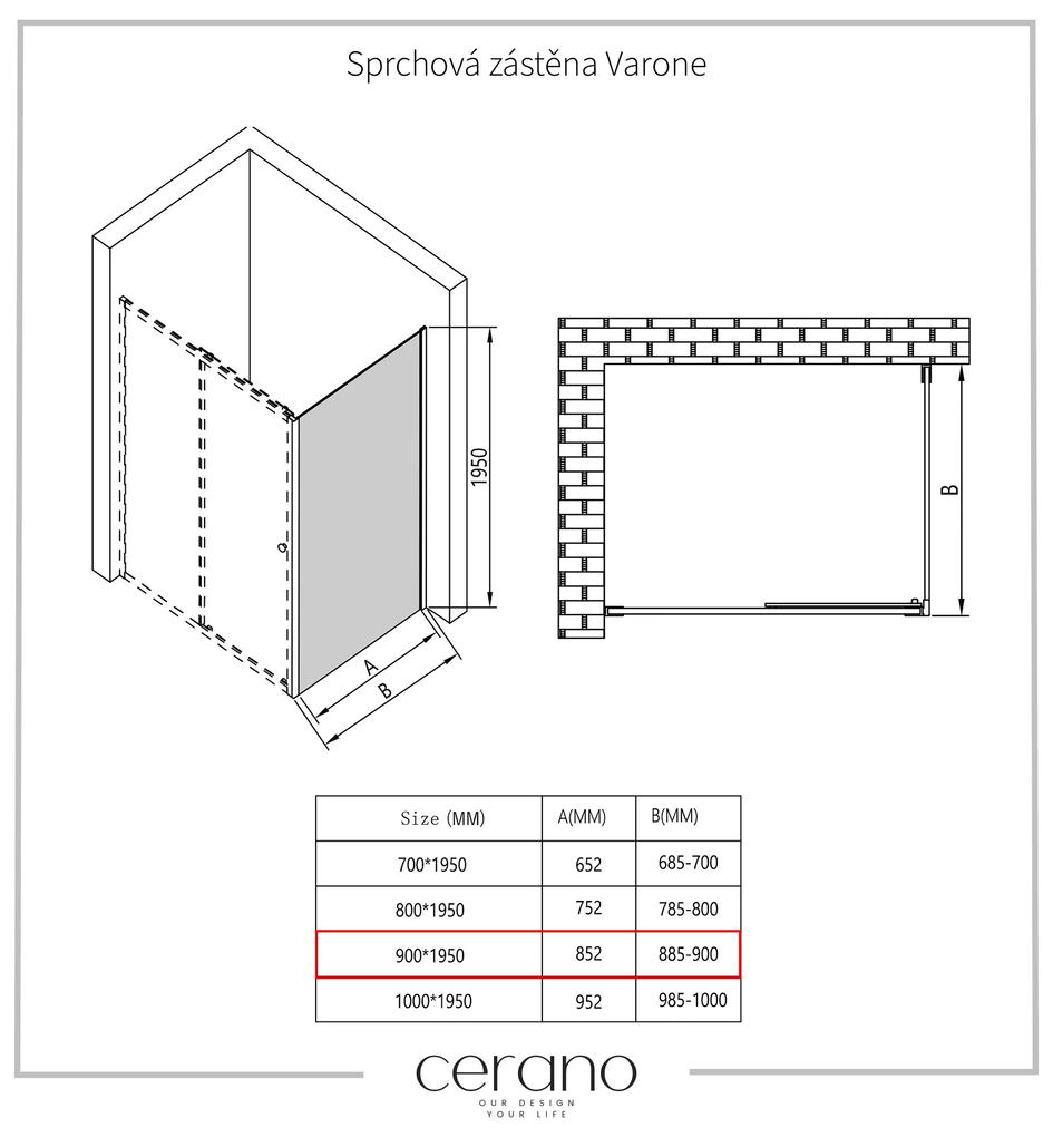 Cerano Varone, sprchovací kút s posuvnými dverami 100(dvere) x 90 (stena) x 195 cm, 6mm číre sklo, čierny profil, CER-CER-DY505B-10090