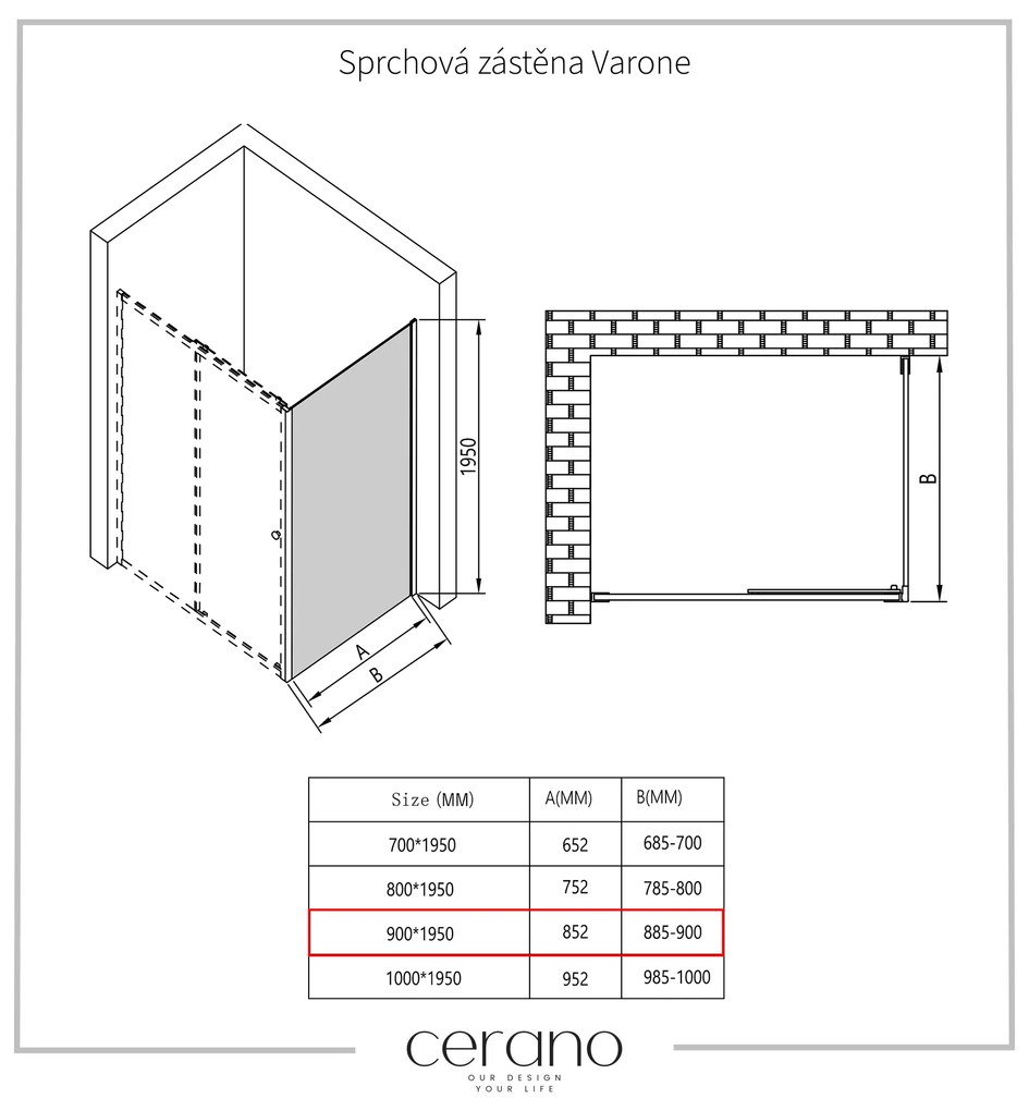 Cerano Varone, sprchovací kút s posuvnými dverami 100(dvere) x 90 (stena) x 195 cm, 6mm číre sklo, čierny profil, CER-CER-DY505B-10090