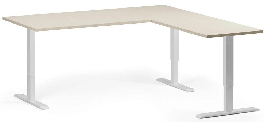 Výškovo nastaviteľný stôl, 180x180 cm, 3 motory, L/P, biela podnož, breza