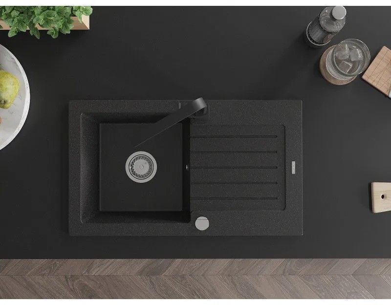 Mexen Pablo, granitový drez 752x436x161 mm, 1-komorový a čierna batéria Rita, čierna-strieborná metalíza, 6510-73-670300-70