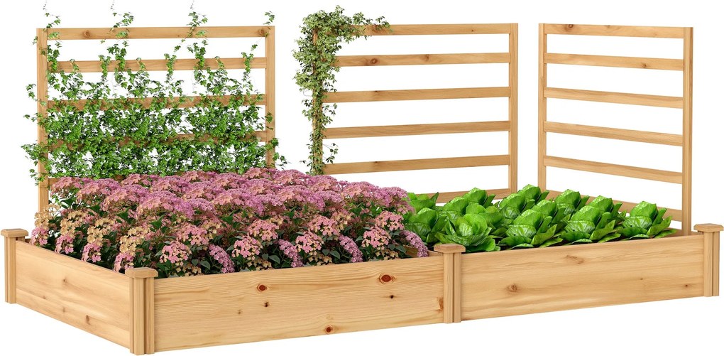 Vyvýšený drevený záhon Outsunny s 3 mriežami, dvojitý a otvorené dno — 240 × 125 × 102 cm — prírodná borovica | Aosom
