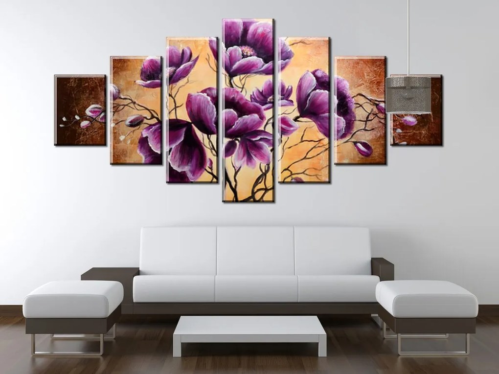 Gario Ručne maľovaný obraz Rastúce fialové kvety - 7 dielny Rozmery: 210 x 100 cm