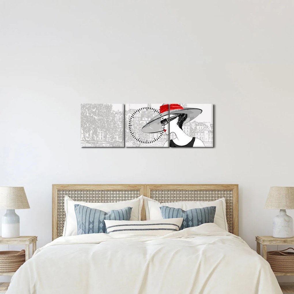 Obraz - Dáma v meste (s hodinami) (90x30 cm)