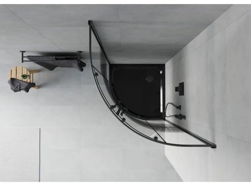 Mexen Rio, štvrťkruhový sprchovací kút s posuvnými dverami 80(dvere) x 80(dvere) x 190 cm, 6mm číre sklo s pásikmi, čierny profil + čierna sprchová vanička SLIM, 863-080-080-70-20-4170B