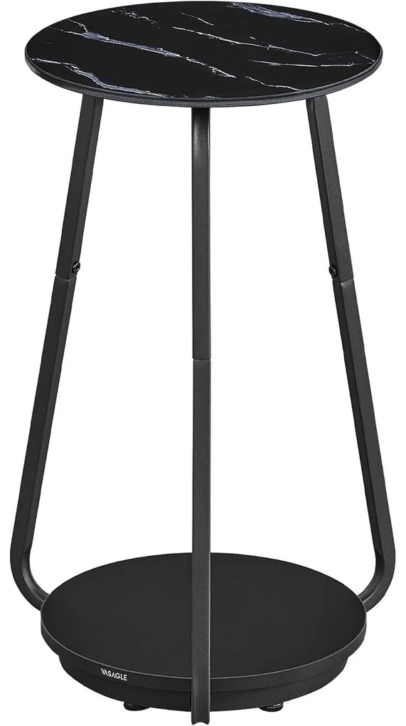 Okrúhly príručný stolík, so sklenenou doskou a poličkou z drevotriesky, mramorová čierna
