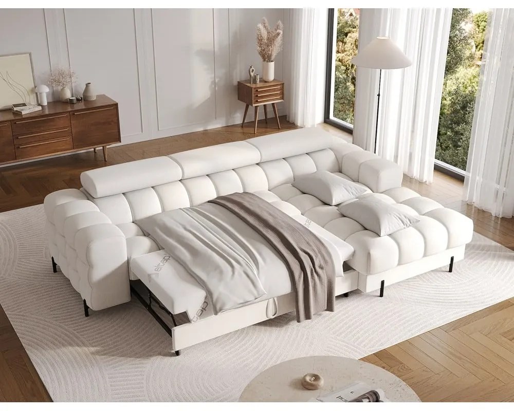 Krémovobiela rozkladacia/s úložným priestorom rohová pohovka z textílie buklé (pravý roh/s leňoškou) Felro – ELTAP