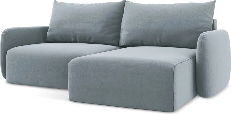 Modrá zamatová rozkladacia/s úložným priestorom rohová pohovka (pravý roh/s leňoškou) Kalena – Makamii