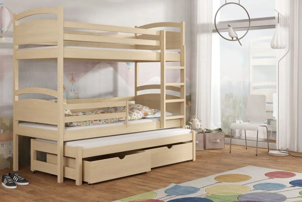 Detská poschodová posteľ z masívu borovice OLÍVIE s prístelkou a šuplíkmi - 200x90 cm - PRÍRODNÁ BOROVICA
