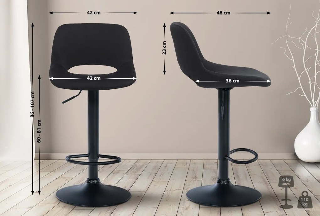 2x Barová stolička Camden - zamat, čierny rám - Čierna