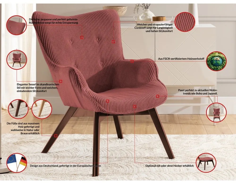 Červené menčestrové kreslo s podnožkou Niko – Ropez