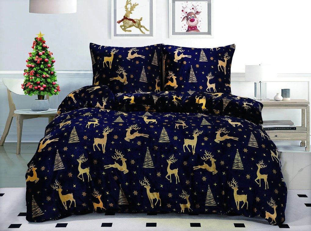 Obliečky mikroplyš GOLDEN DEER tmavomodré Rozmer obliečky: 2 ks 70 x 90 cm | 200 x 220 cm