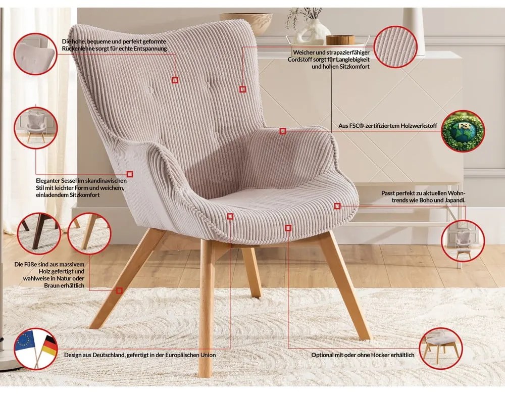 Svetloružové menčestrové kreslo Niko – Ropez