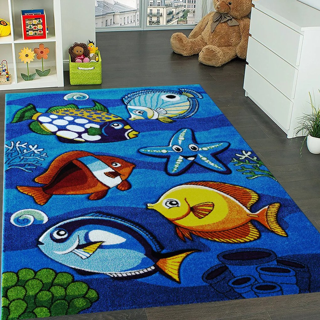 Detský koberec Smart Kids 22308 BLUE – modrý s motívom rýb Rozmer: 160x230 cm