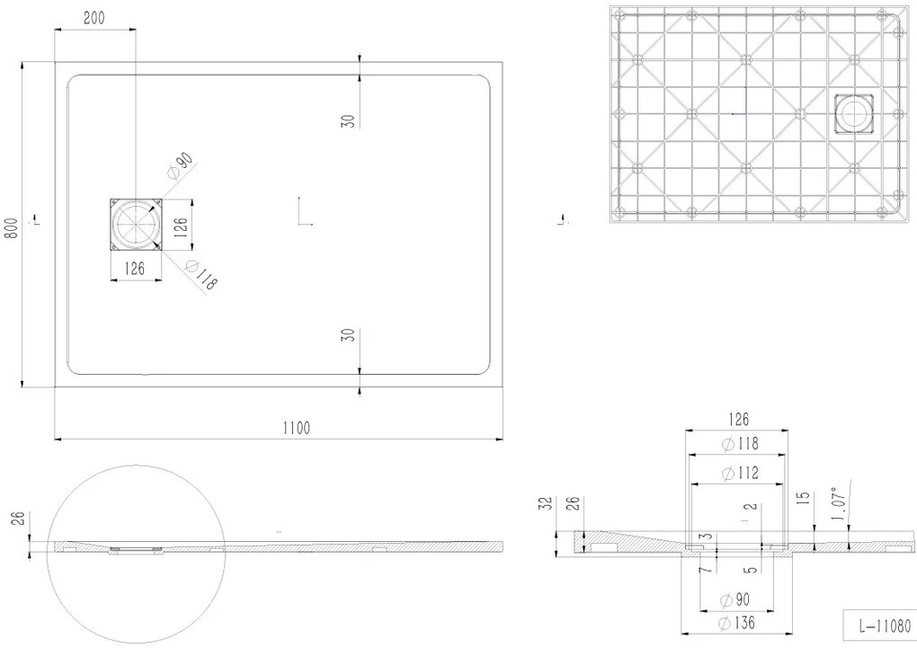 Erga Hyper, SMC sprchová vanička 110x80x2,6 cm + sifón, čierna matná, ERG-V06-SMC-8011S-BK