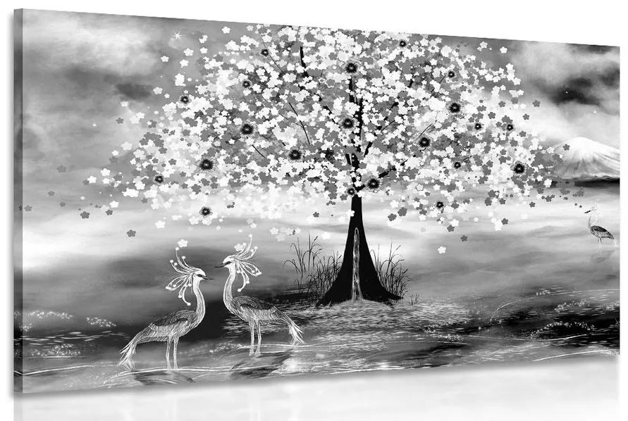 Obraz volavky pod magickým stromom v čiernobielom prevedení - 120x80