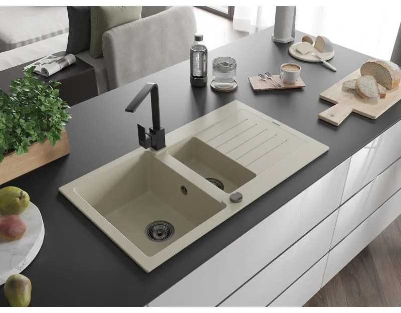 Mexen Matias, granitový drez 900x505x200 mm, 1,5-komorový a čierna batéria Rita, béžová, 6502-69-670300-70