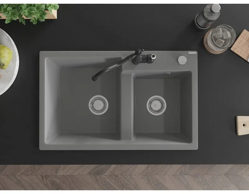 Mexen Tomas, granitový drez 800x500x190 mm, 2-komorový a drezová batéria Carla, šedá, 6516-71-670700-70