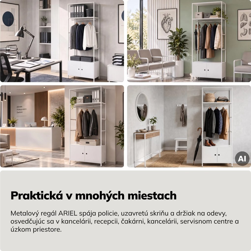 Kancelársky regál otvorený s tyčou na oblečenie, do recepcie a čakárne, kovový, biely, 800x2200x400 mm: ARIEL