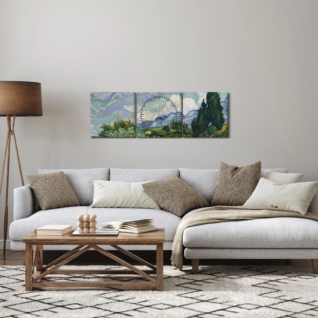 Obraz - Vincent van Gogh, Wheat Field with Cypresses, reprodukcia (s hodinami) (90x30 cm)