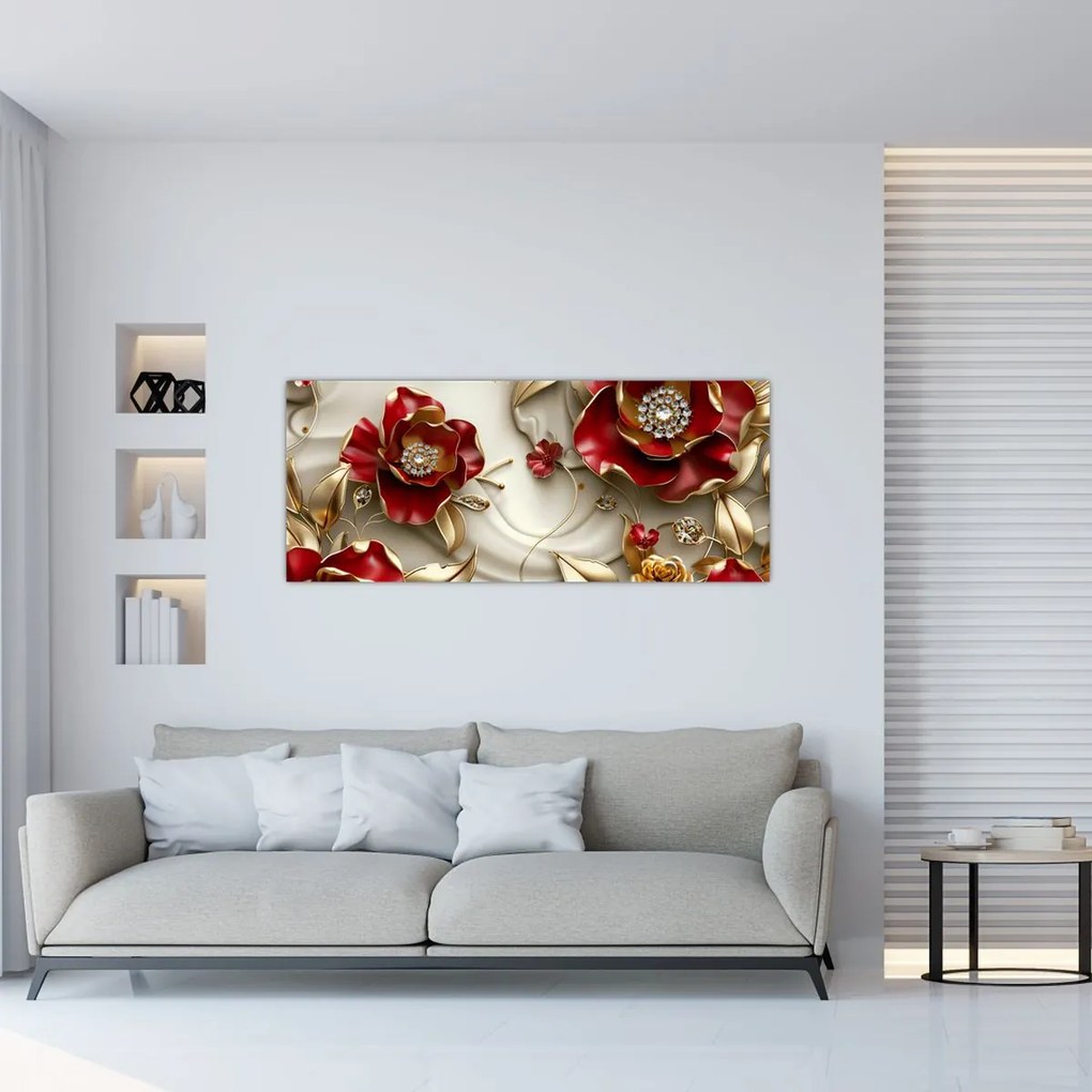 Obraz - 3D Červeno-zlaté kvety (120x50 cm)