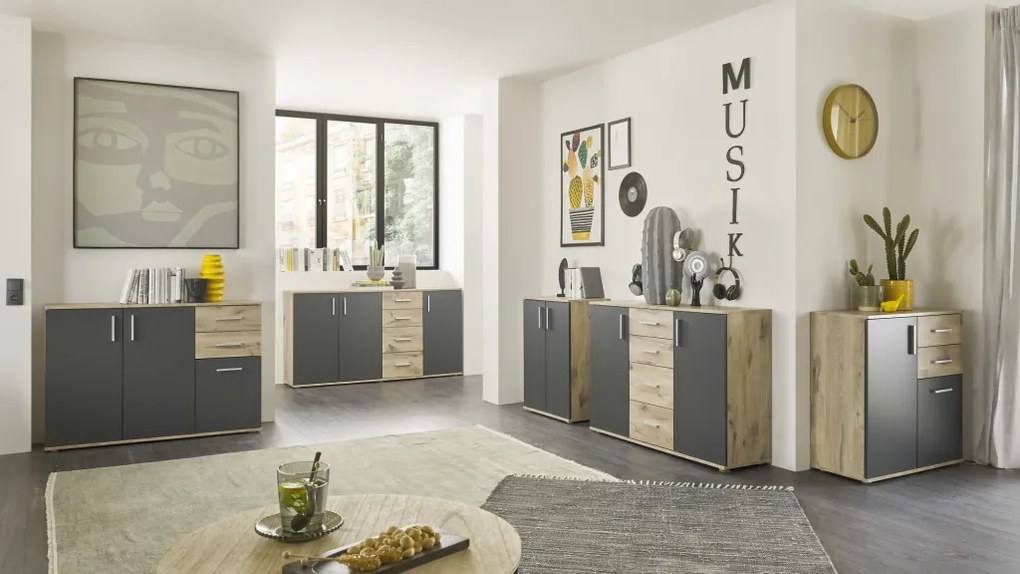 Komoda so 4 zásuvkami Bacalar, dub viking/šedá