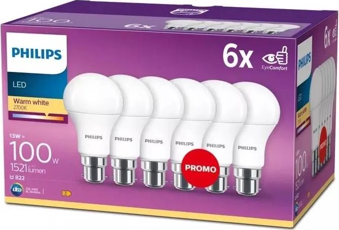 SADA 6x LED žiarovka Philips A60 B22/13W/230V 2700K