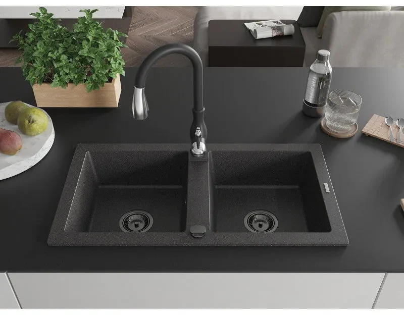 Mexen Mario, 2-komorový granitový drez 820x436x161 mm a drezová batéria Savita, čierna škvrtnitá, 6504-76-672601-70-B