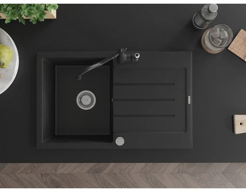 Mexen Bruno, granitový drez 795x495x200 mm, 1-komorový a drezová batéria Carla, čierna, 6513-77-670700-70