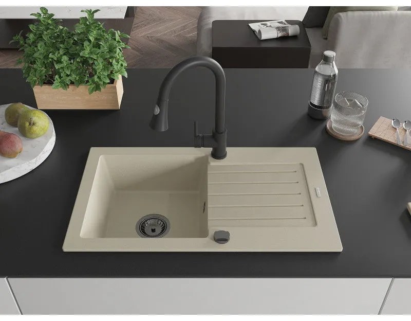 Mexen Pablo, 1-komorový granitový drez 752x436x161 mm a drezová batéria Elia, béžová, 6510-69-670101-70