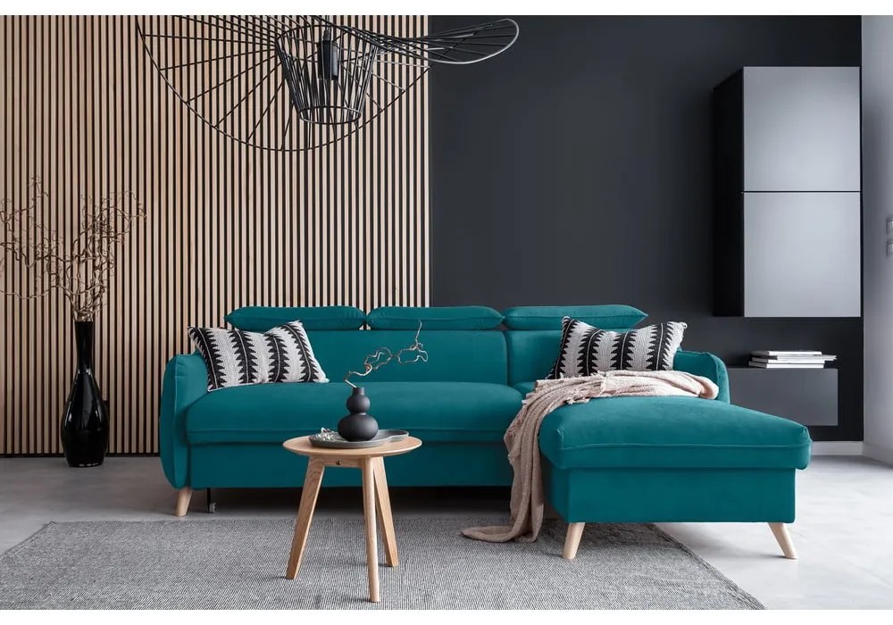 Tyrkysová zamatová rozkladacia rohová pohovka (pravý roh) Sweet Harmony – Miuform